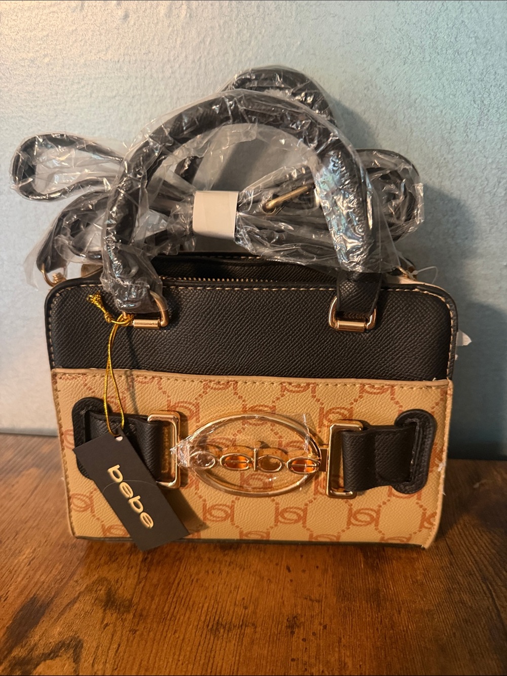 bebe Beige & Black Signature Logo Mini Satchel with Gold Hardware